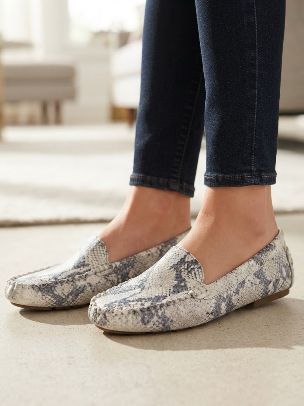 Cole Haan Women's Snake-Print Slip-On Loafers - White/Gray- Size 9